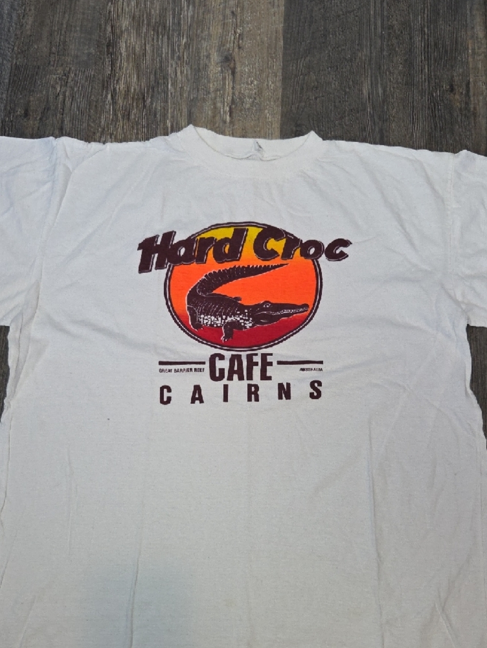 Hard Croc Cafe Cairns Graphic Tee - White with Orange Gradient Logo Vintage